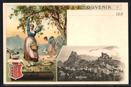 AK Sion, Ortsansicht von oben, Valais, Frau bei der Apfelernte, Reklame für Suchard Chocolade