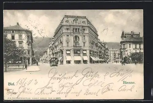 AK Biel, Strassengabelung mit Gewerbe A. Jordi-Kocher, Pferdebahn