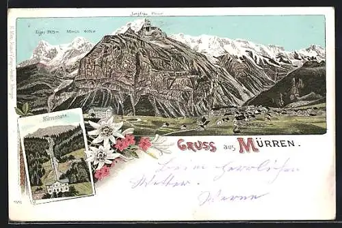 Lithographie Mürren, Mürrenbahn, Panoramablick mit Jungfrau