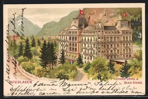 Lithographie Interlaken, Grand Hotel u. Beau-Rivage