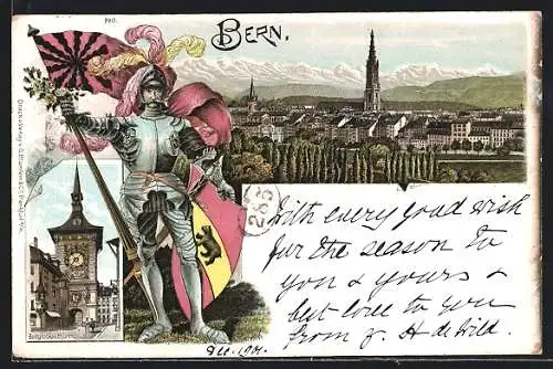 Lithographie Bern, Strassenpartie am Zeitglockenturm, Totalansicht, Ritter in Rüstung