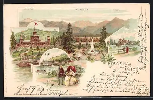 Lithographie Thoune, Ortspartie mit Alpenkette, Jungfrau, Niesen, Kursaal