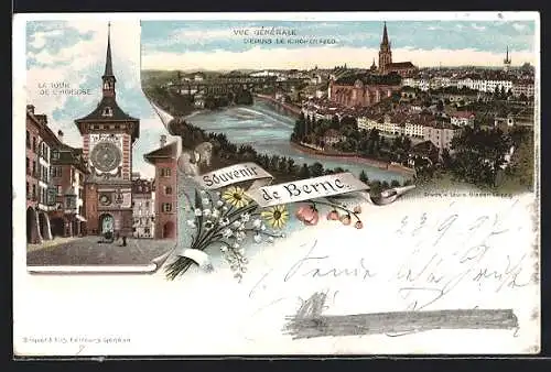 Lithographie Berne, Vue Générale depuis le Kirchenfeld, La Tour de l`Horloge