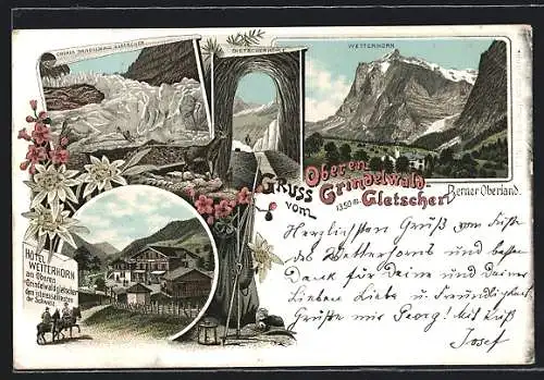 Lithographie Grindelwald / Berner Oberland, Hotel Wetterhorn, Gletscherhöhle, Wetterhorn