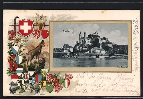 Passepartout-Lithographie Aarburg, Panorama, Wappen der Kantone und eine Gemse