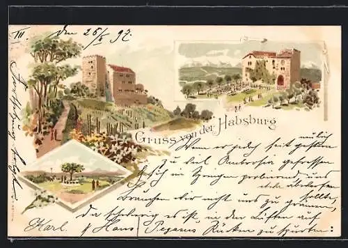 Lithographie Habsburg, Weg zur Burg, Gartenidylle, Alpenpanorama