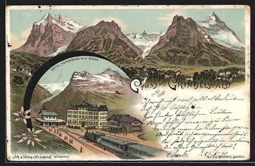 Lithographie Grindelwald, Hotel Alpenruhe mit Eiger