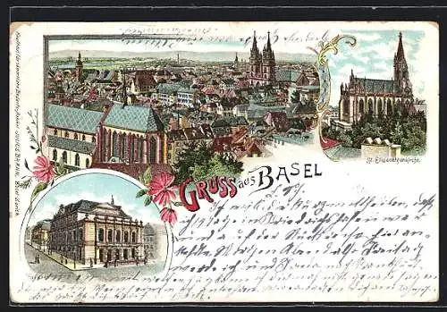 Lithographie Basel, Panoramaansicht, St. Elisabethenkirche, Theater