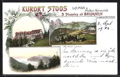 Lithographie Stoos, Luft-Milch & Molken-Kuranstalt, Eigentümer: Carl Müller