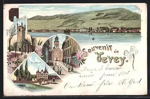 Lithographie Vevey, Le Château, Rue d`Italie, St. Martin, Panorama