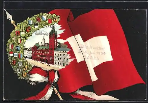AK Basel, Rathaus, Wappen der Kantone, Schweizer Fahne