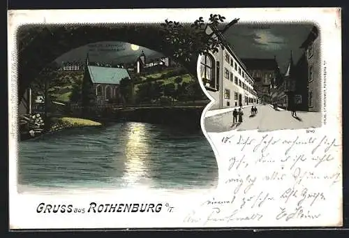 Lithographie Rothenburg o. T., Flusspartie mit Kobolzellerkirche im Mondschein