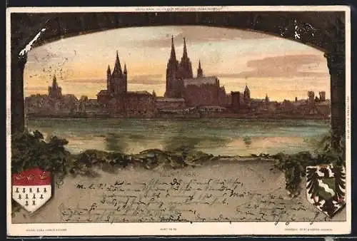 Künstler-AK C.Biese: Köln, Blick übers Wasser zum Dom, Wappen