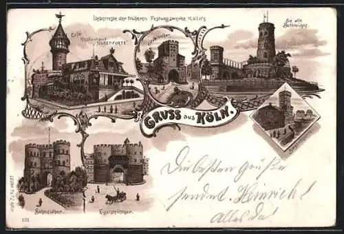 Lithographie Köln, Cafe-Restaurant Ulrepforte, alte Bottmühle, Hahnentor