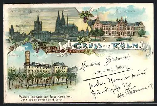 Lithographie Köln, Justizgebäude, Richmodis-Haus, Blick von der Schiffsbrücke zur Stadt