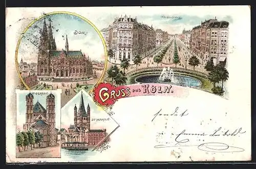 Lithographie Köln, Dom, Strassenpartie mit hohen Häusern, St. Martin