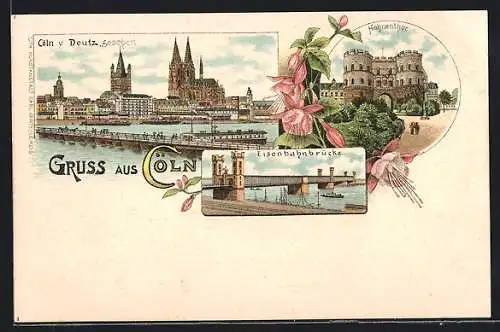Lithographie Köln, Panorama v. Deutz gesehen, Hahnentor & Eisenbahnbrücke