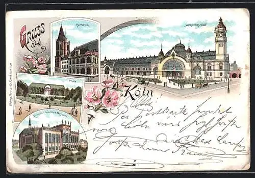 Lithographie Köln, Rathaus, Flora und Hauptbahnhof