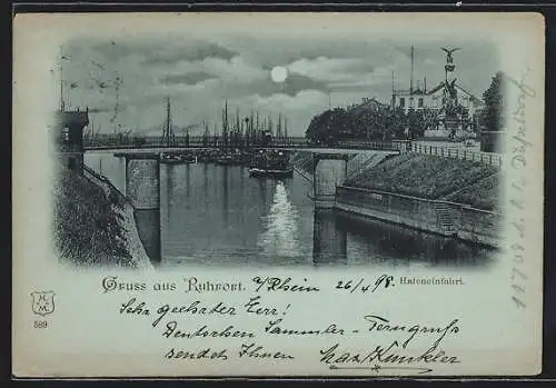 Mondschein-AK Ruhrort, Hafeneinfahrt mit Segelbooten