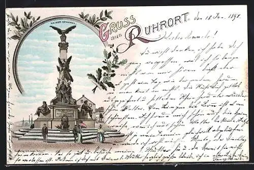 Lithographie Ruhrort, Kaiser-Denkmal mit Besuchern