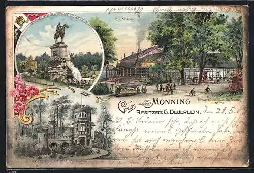 Lithographie Duisburg, Kaiserberg mit Denkmal und Aussichtsturm, die Monning, Bes. G. Deuerlein