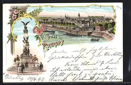 Lithographie Ruhrort, Kaiser Wilhelm-Denkmal, Panorama, Dampfschiff
