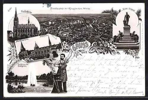 Lithographie Essen, Krupp`sche Werke, Pauluskirche, Münsterkirche, Partie aus dem Stadtgarten