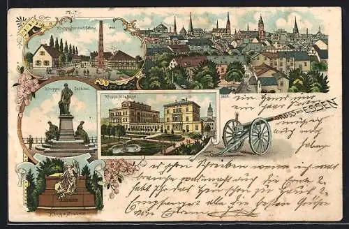 Lithographie Essen, Panorama, Krupps Gusstahlfabrik und Krupps Villa Hügel