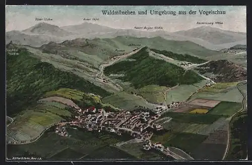 Künstler-AK Eugen Felle: Waldmünchen, Ort und Umgebung aus der Vogelschau