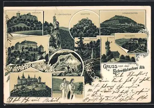 Lithographie Teck, Achalm, Lichtenstein, Hohenzollern, Tübinger Schloss