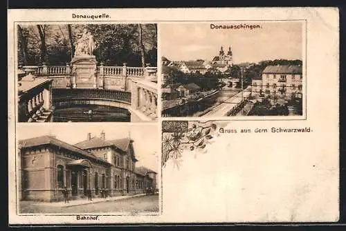 AK Donaueschingen, Bahnhof und Donauquelle