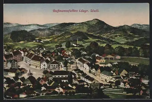 AK Ruhmannsfelden i. bayr. Wald, Ortsansicht mit Berghintergrund
