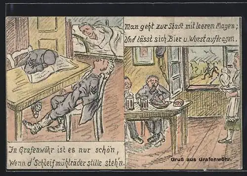 Künstler-AK Grafenwöhr, Zeichnung Innenansicht Gaststätte