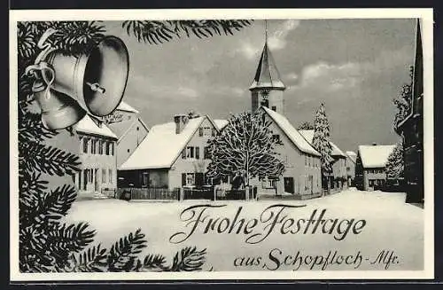 AK Schopfloch /Mfr., Ortsansicht im Schnee mit Weihnachtsdekor