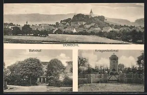 AK Dombühl, Ortsansicht, Blick auf Bahnhof und Kriegerdenkmal