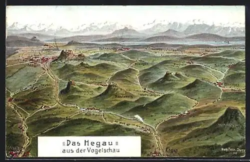 Künstler-AK Eugen Felle: Weiterdingen, das Hegau aus der Vogelschau