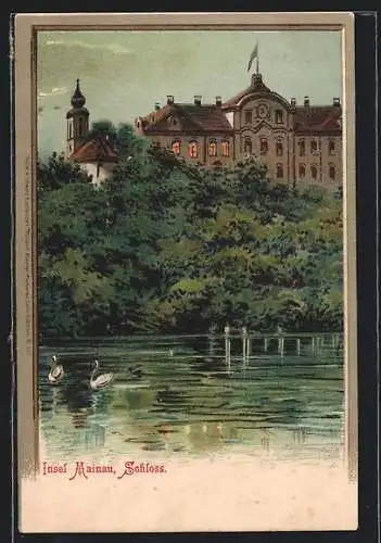 Lithographie Insel Mainau, auf dem Teich vor dem Schloss