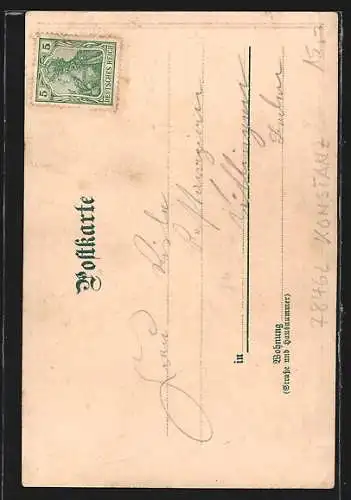 Lithographie Insel Mainau, auf dem Teich vor dem Schloss