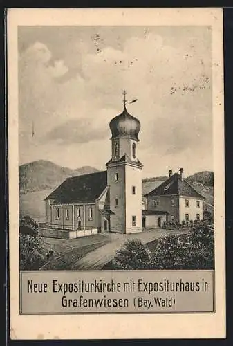 AK Grafenwiesen /Bay. Wald, Neue Expositurkirche mit Expositurhaus