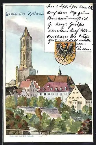 Künstler-AK Rottweil, Ortsansicht mit Kirche und Stadtwappen