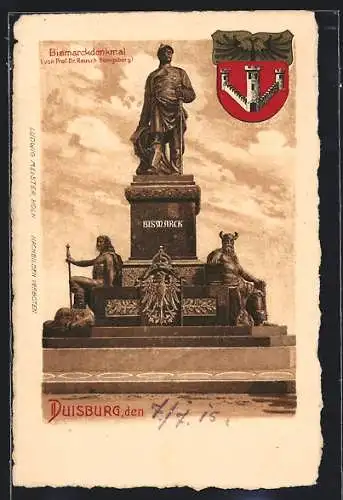 Künstler-AK Duisburg, Ansicht vom Bismarckdenkmal, Stadtwappen