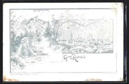 Künstler-AK Rottweil, Ortsansicht mit Ruine Herrenzimmer, Spaziergänger bei der Rast