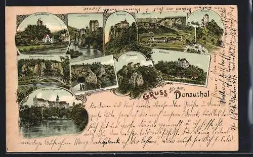 Lithographie Beuron, Ruine Dierfurt, Donaubrücke, Schloss Sigmaringen, Strasse bei Gutenstein, Wildenstein, Mühlheim