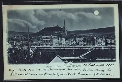 Mondschein-AK Tuttlingen, Ortsansicht mit Kirche und Burg im Hintergrund
