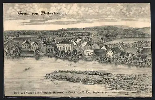 AK Weiherhammer, Ortsansicht am Wasser aus der Vogelschau