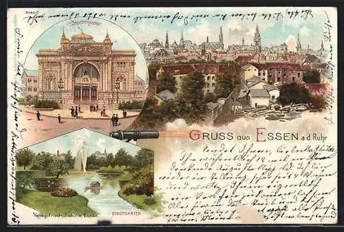 Lithographie Essen a. d. Ruhr, Teilansicht, Stadttheater, Stadtgarten