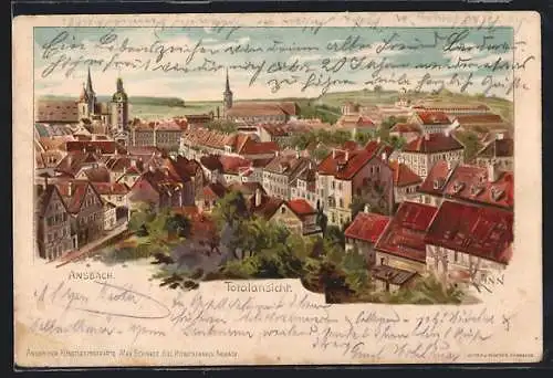 Lithographie Ansbach / Mfr., Totalansicht aus der Vogelschau