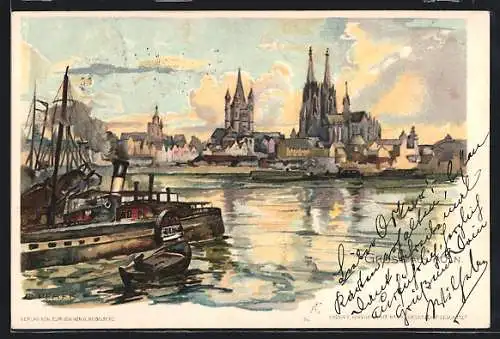 Künstler-AK C. Pfaff: Köln, Rheinpartie mit Dampfer und Blick zum Dom