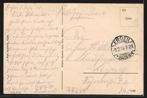 AK Engen, Ortsansicht mit Eisenbahnstrecke und Brücke