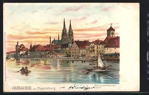 Lithographie Regensburg, Blick von der Donau aus, Segelboot